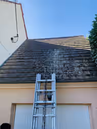 Toit de garage en tuiles couvert de mousse, échelle appuyée contre la gouttière